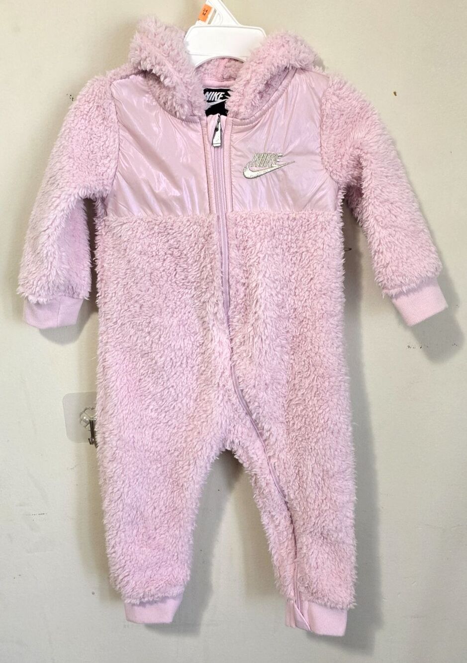 Nike Baby Girls Teddy Sherpa Fleece Hooded One‑Piece Pink Zip Coverall 12 Months